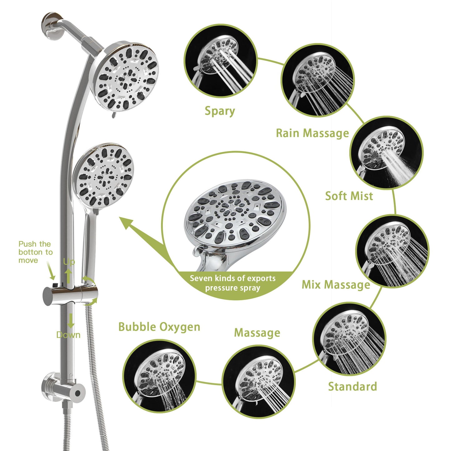 Multi Function Dual Shower Head Shower System With 4.7" Rain Showerhead, 7 Function Hand Shower, Adjustable Slide Bar