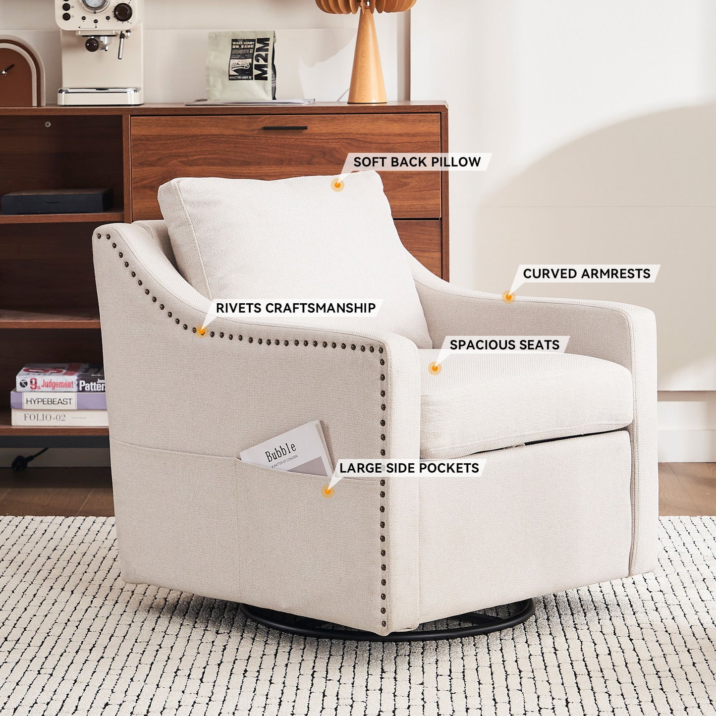 Linen Fabric 360° Swivel Accent Chair With Upholstered Back Pillow And Rivet Armrest