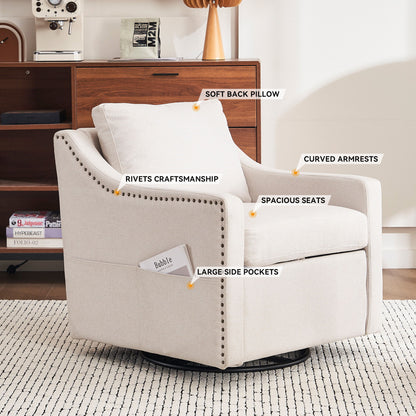 Linen Fabric 360° Swivel Accent Chair With Upholstered Back Pillow And Rivet Armrest