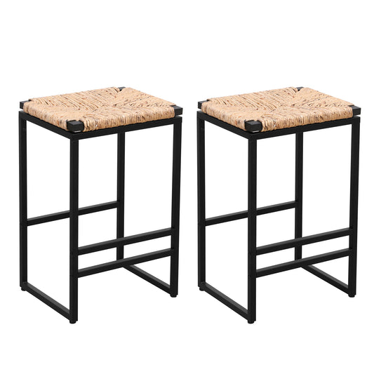 (Set of 2) Backless Water Hyacinth Woven Bar Stools With Footrest, Natural Finish, Metal Frame, 25" Height