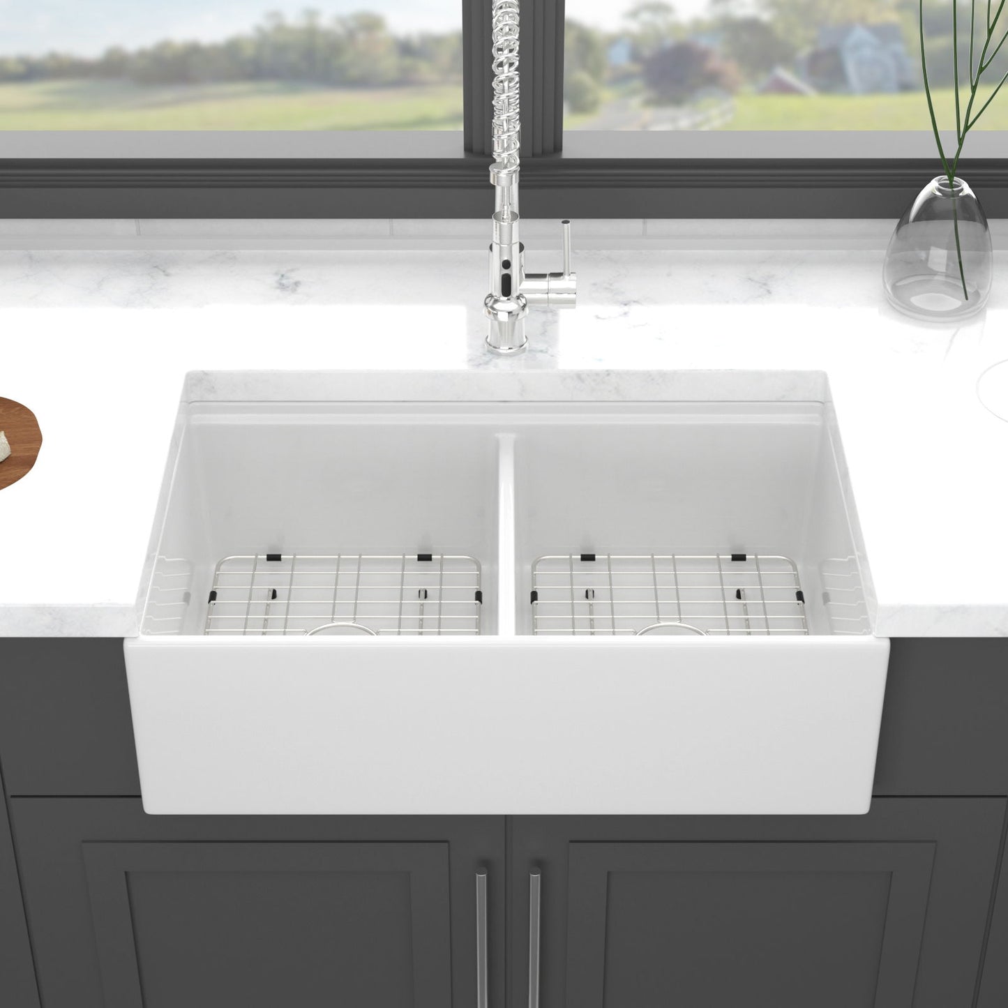 Farmhouse Sink Workstation 33" Ceramic Double Bowl Kitchen Sink With Ledges - White