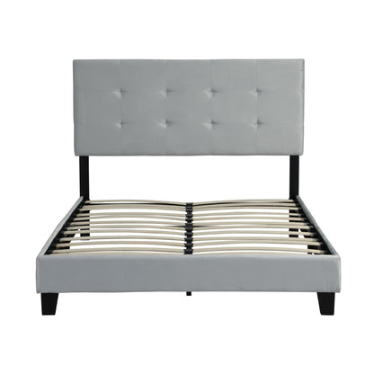 Full Size Upholstered Platform Bed Frame With Pull Point Tufted Headboard, Strong Wood Slat Support, Mattress Foundation, No Box Spring Needed - Gray