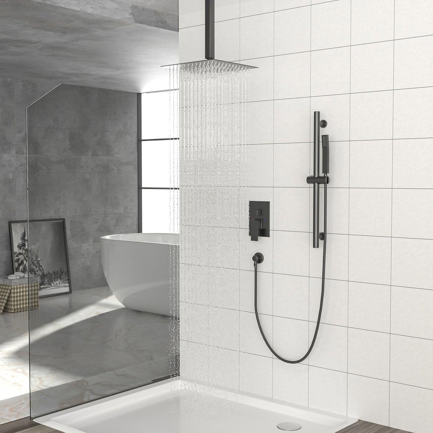 Ceiling Mounted Square Shower System With Adjustable Slide Bar, 16" Rainfall Shower With Handheld - Matte Black
