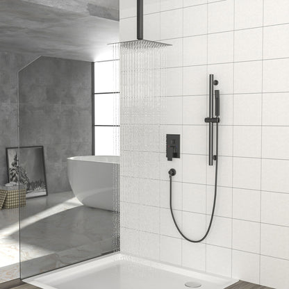 Ceiling Mounted Square Shower System With Adjustable Slide Bar, 16" Rainfall Shower With Handheld - Matte Black