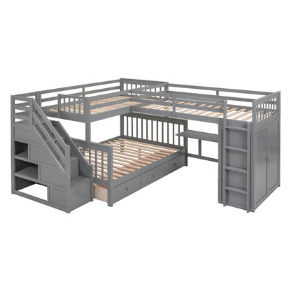 L Shaped Bunk Bed With 3 Drawers, Portable Desk And Wardrobe