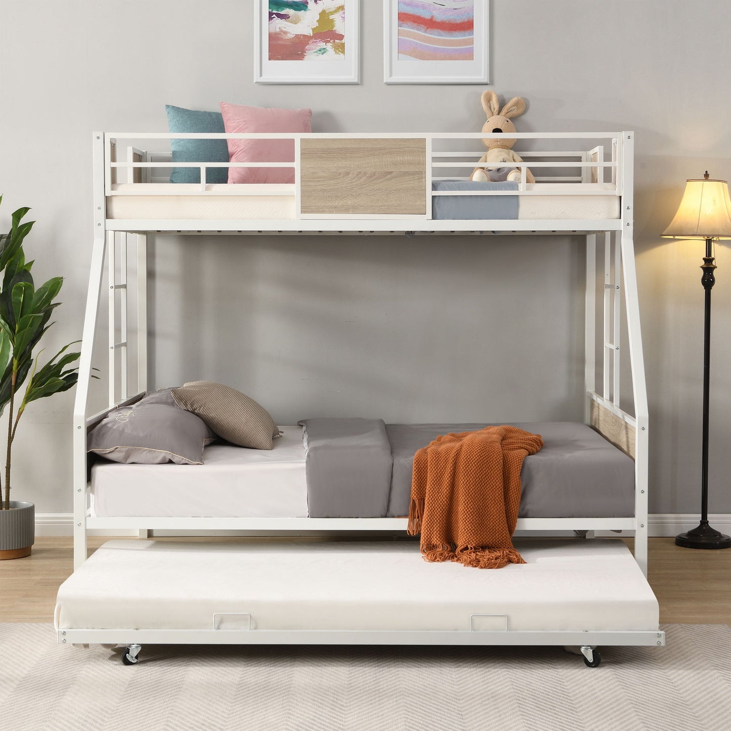 Modern Metal Bunk Bed With Side Ladders And Guardrail