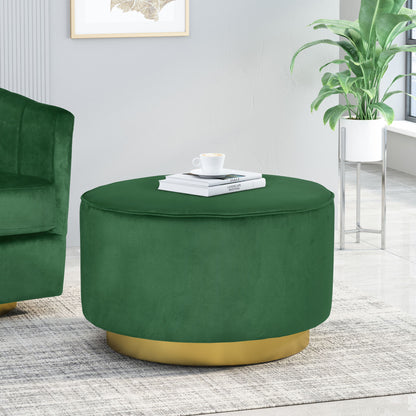 Round Velvet Ottoman, Upholstered Foot Stool For Living Room, Entryway - Emerald