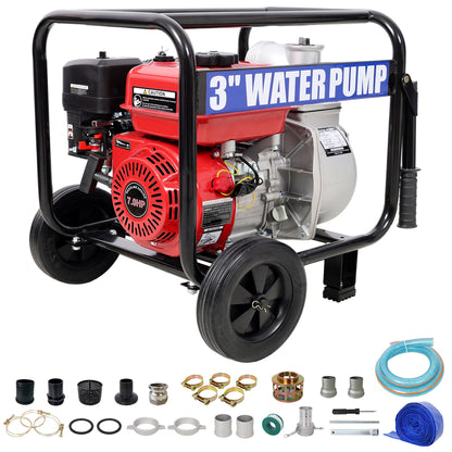 Gas Engine Powered Water Pump 3" Inlet & Outlet 7Hp 212Cc Epa Certified With Wheels And Handle - Black / Red
