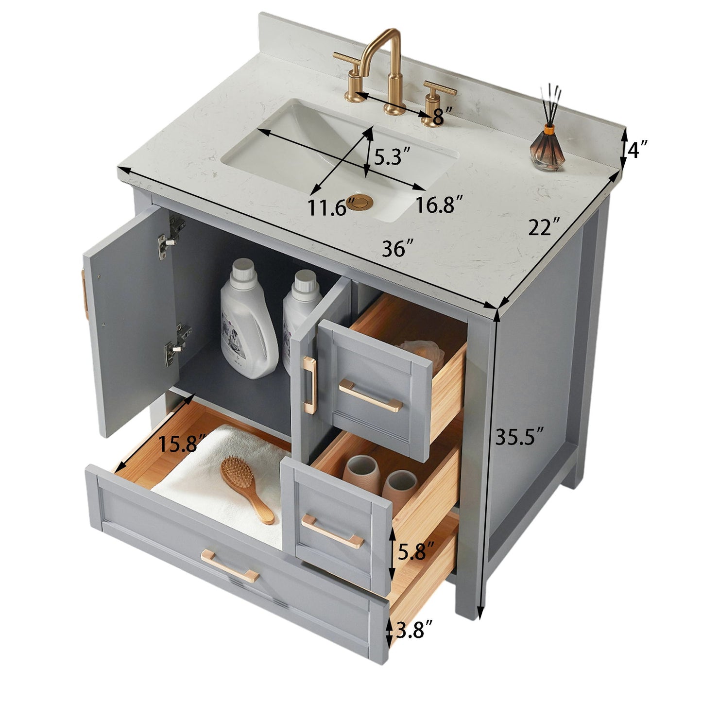 Fully Assembled Freestanding Single Sink Bathroom Vanity With 2 Handles Sets - Gray