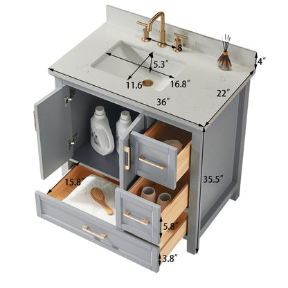 Fully Assembled Freestanding Single Sink Bathroom Vanity With 2 Handles Sets - Gray