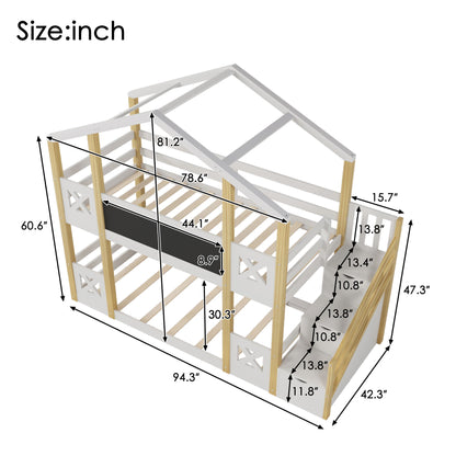 Twin Over Twin House Bunk Bed With White Storage Staircase And Blackboards - White