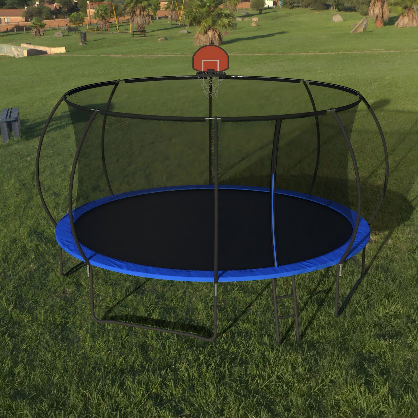 Pumpkin 14 Ft Outdoor Trampoline With Basketball Hoop Enclosure Net Ladder And Metal - Black / Blue