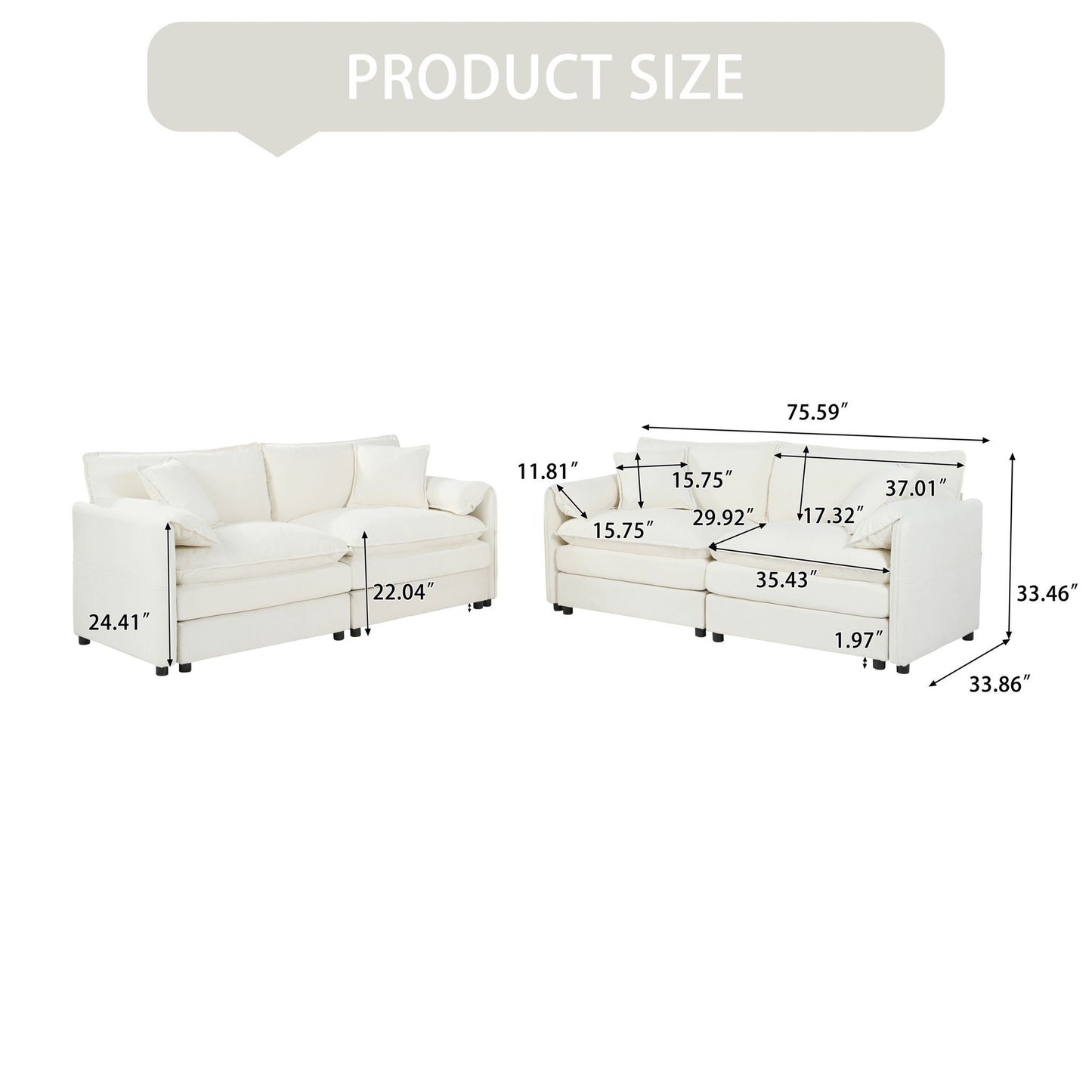 Modern Chenille Oversized Deep Seat Luxury 2 Piece Sofa Set With 4 Pillows