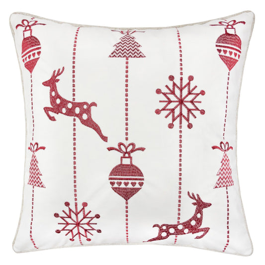 Christmas Throw Pillow With Embroidered Reindeer And Snowflakes - White