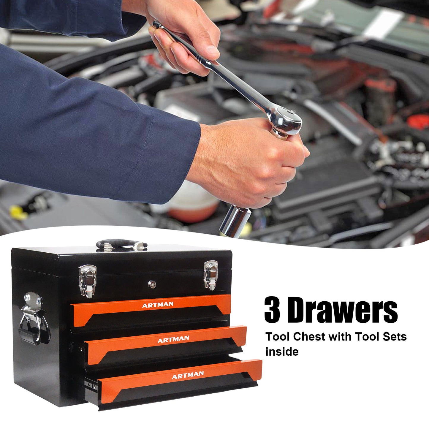 Portable 3 Drawer Steel Toolbox, 4 Layers Of Tools With Metal Latches, With Storage Tray And Carrying Handle