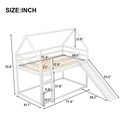 Twin Size Bunk House Bed With Slide And Ladder - White