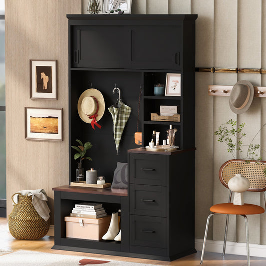 Modern Wide Hall Tree With Coat Rack, 3 Shelves And Drawers, 3 Sturdy Hooks