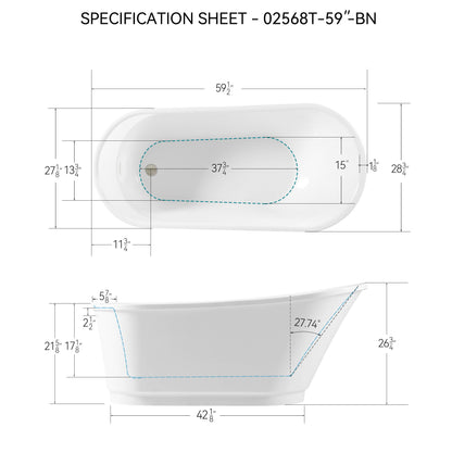 Freestanding Bathtub Modern Stand Alone Soaking Bathtub - Brushed Nickel Drain And Minimalist Linear Design Overflow Included, Cupc Certified - White