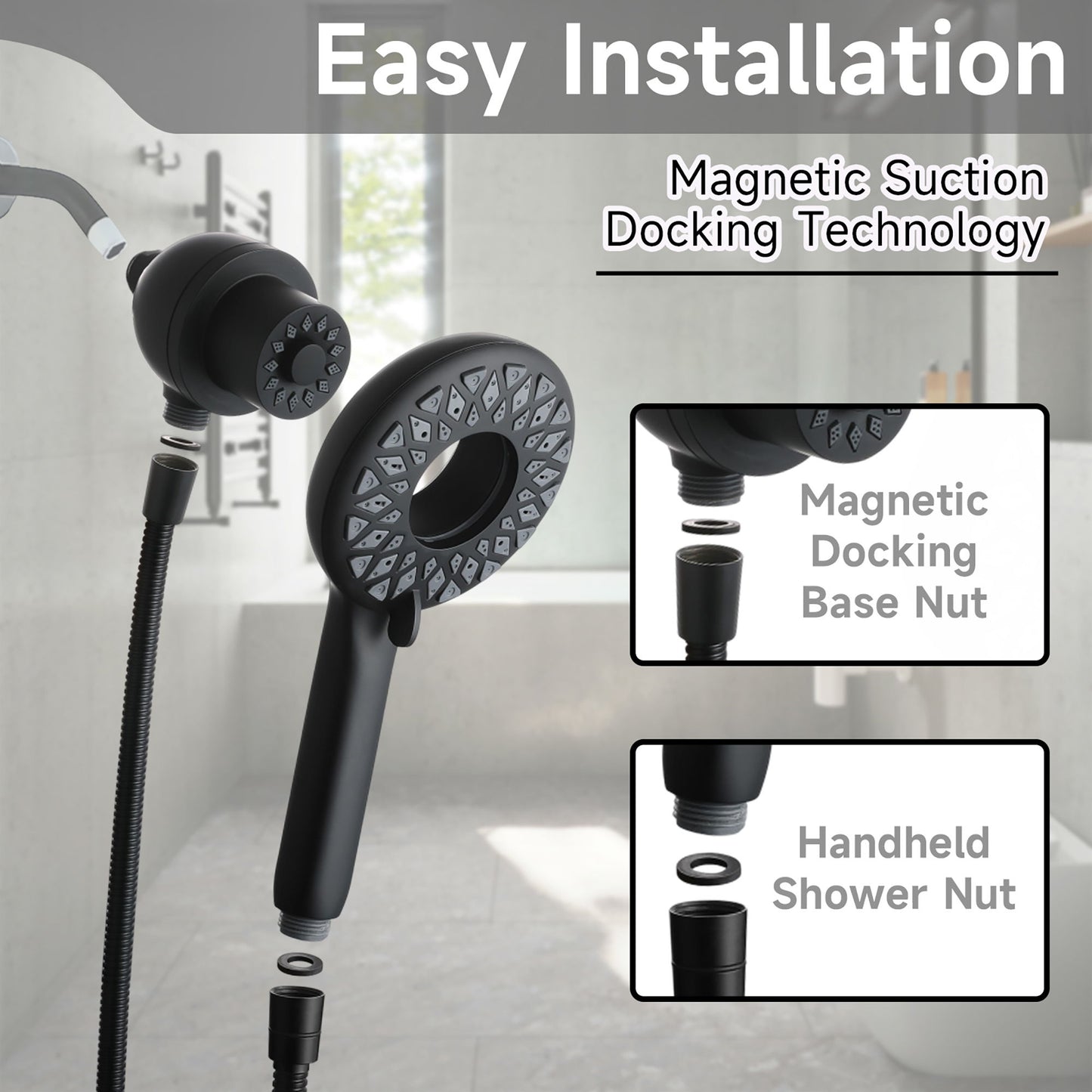 High Pressure Shower Heads 6 Spray Mode Handheld Shower With 60" Stainless Steel Hose - Matte Black