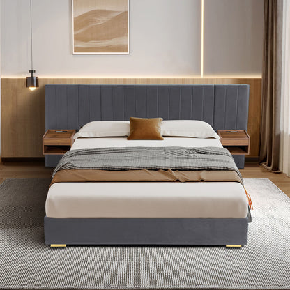 Upholstered Bed Frame Of Velvet Tufted Headboard With Floating Nightstand LED / USB Built