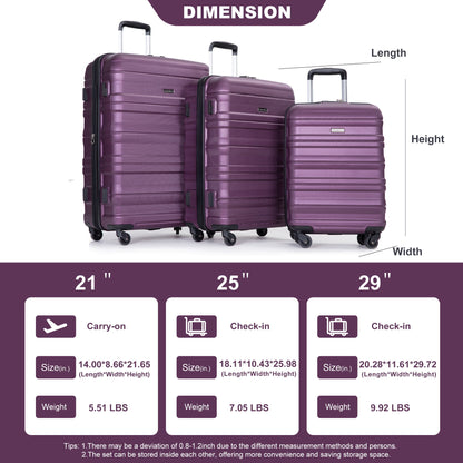 Expandable 3 Piece Luggage Sets Pc Lightweight & Durable Suitcase With Two Hooks, Spinner Wheels, Tsa Lock, (21/25/29) - Dark Purple
