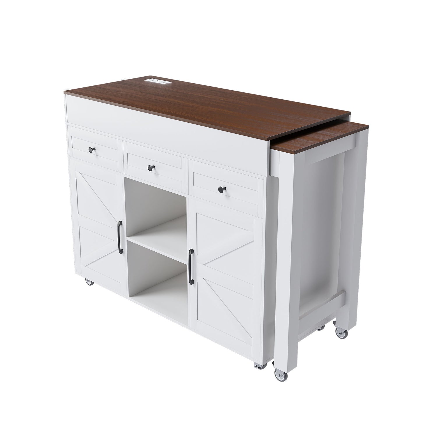Modern Kitchen Island With Extendable Dining Table & Power Outlet - White