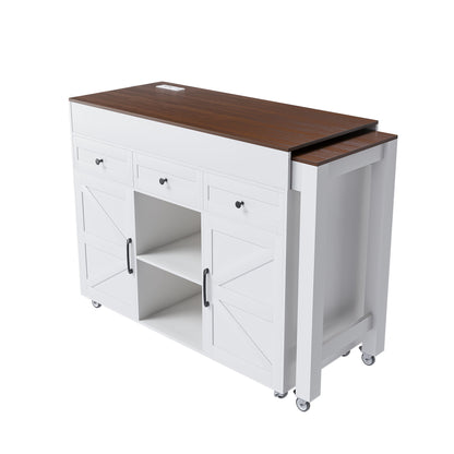 Modern Kitchen Island With Extendable Dining Table & Power Outlet - White