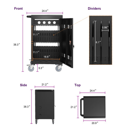 Mobile Charging Cart And Cabinet For Tablets Laptops 32-Device - Matt Black