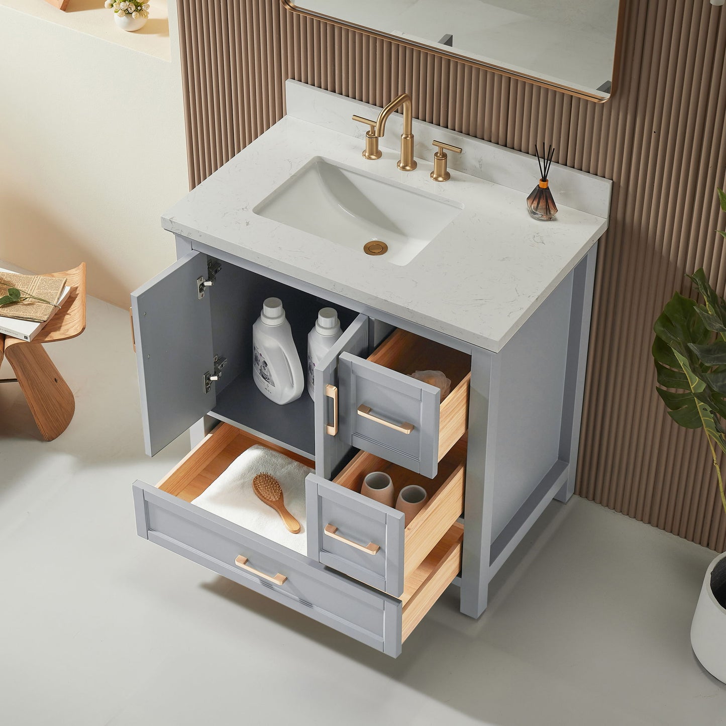 Fully Assembled Freestanding Single Sink Bathroom Vanity With 2 Handles Sets - Gray