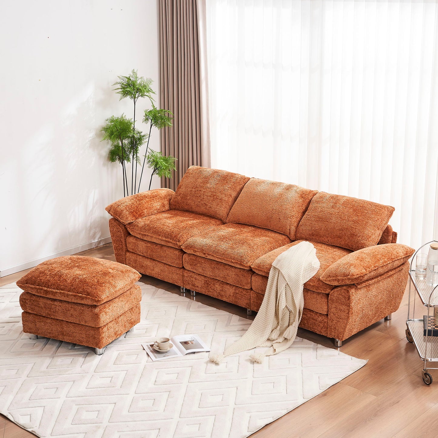 Modern Deep 3 Seat Sofa Couch With Ottoman, Comfy Upholstered Furniture