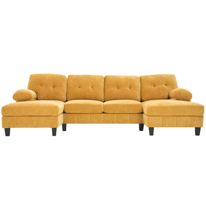 U-Shaped Sectional Sofa 103.5" Black Chenille Fabric Couch With Dual Chaise Lounges, Storage Pockets, Armrest Pillows