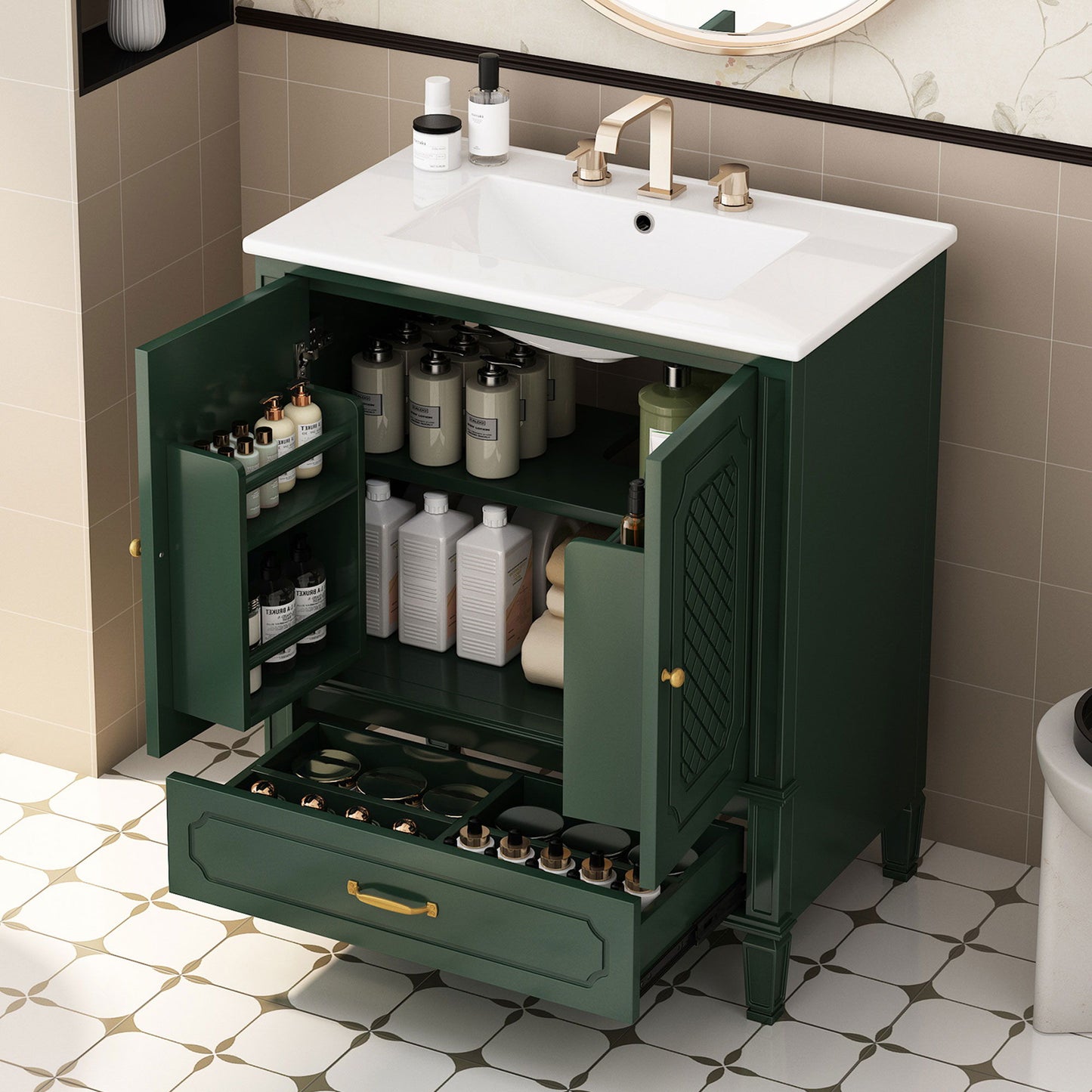 Vintage Style Bathroom Vanity With Sink, Multi Functional Storage, Soft-Closing Door