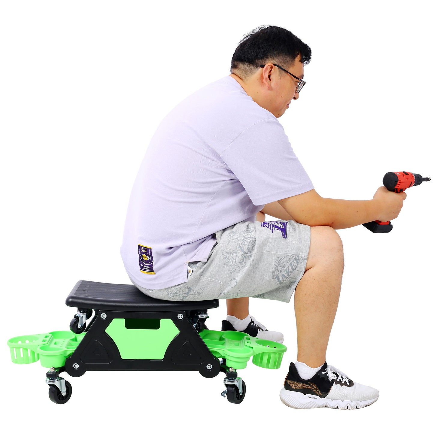 Rolling Detailing Creeper Seat With Wheels, Removable Tool Trays, 300 Lbs Capacity - Green