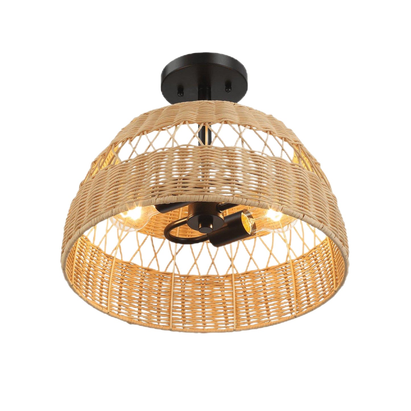 Twinkle - Double Lights Semi Flush With Shade - Black / Rattan