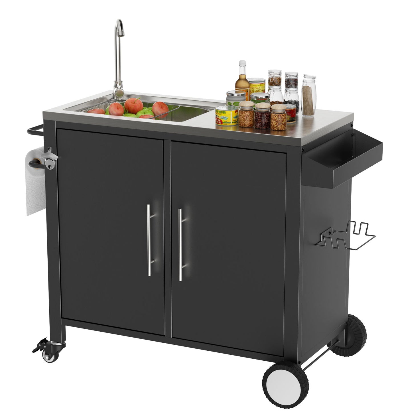 Outdoor Grill Cart With 304 Stainless Steel Sink And Cabinet - Black / Silver