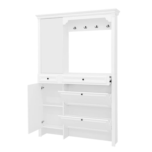 Hall Tree With Integrated Shoe Cabinet And Mirrored Cabinet Door, Coat Hanger, Entryway Bench, 4 In 1 Design, 2 Flip Drawers, 4 Hooks And 2 Cabinets For Entrance, Living Room - White