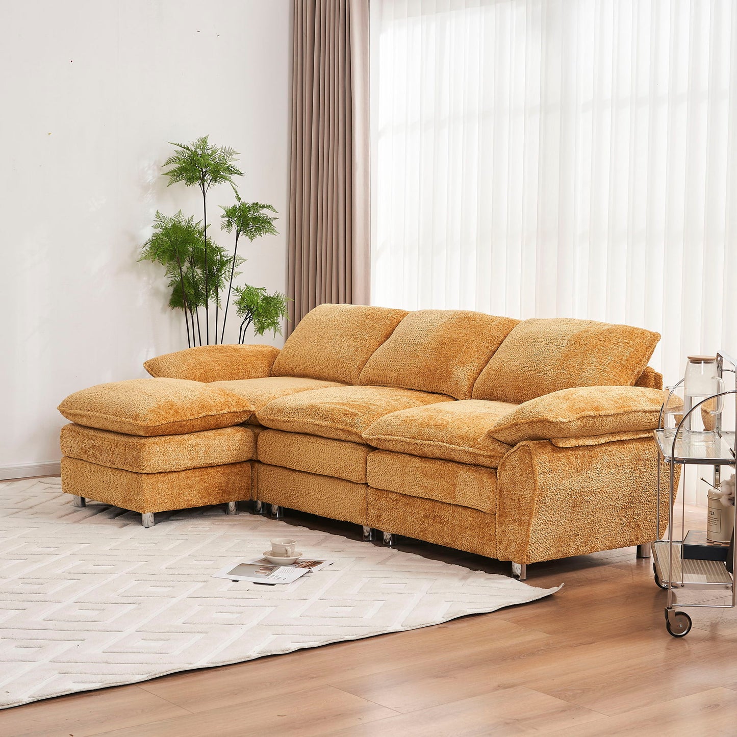 Modern Deep 3 Seat Sofa Couch With Ottoman, Comfy Upholstered Furniture