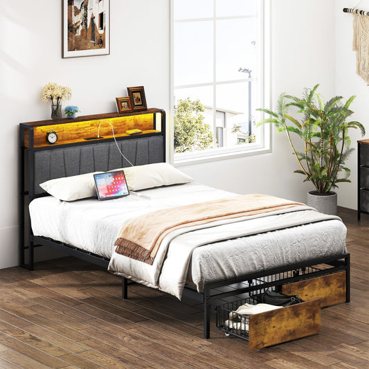 Upholstered Platform Bed Frame With Storage Drawers, USB Ports, LED Lights