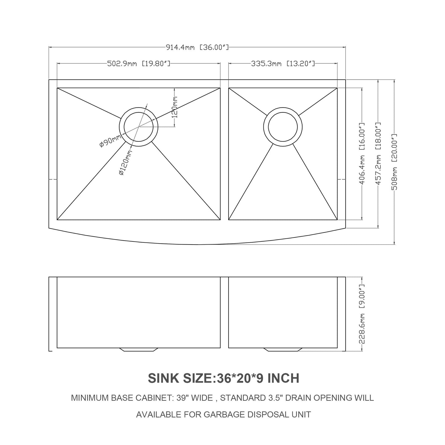 Farmhouse Sink With Double Bowl, 60 / 40