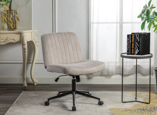 Cross Legged Office Chair, Wide Comfty Desk Chair, Vanity Home Chair, Armless Computer Task Chair With Wheels, Swivel And Height Adjustable - Beige
