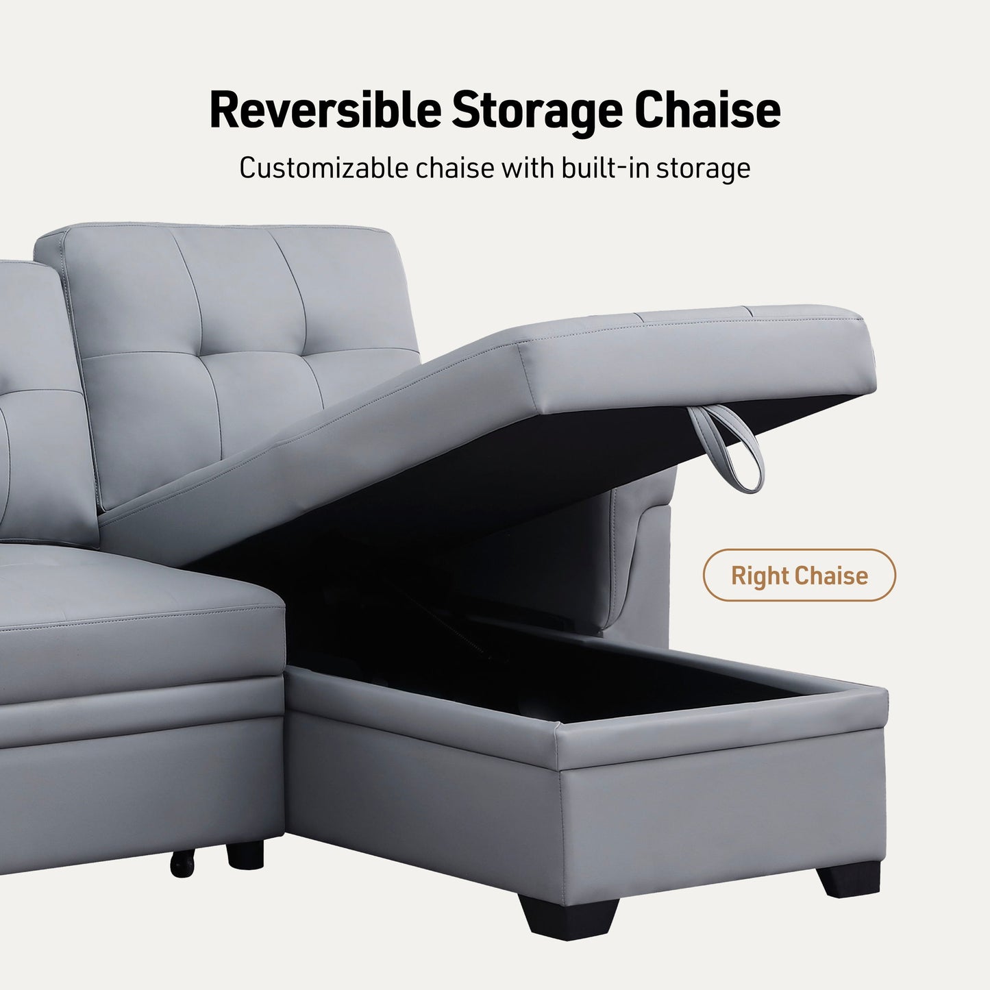 Lexi - Vegan Leather Modern Reversible Sleeper Sectional Sofa With Storage Chaise