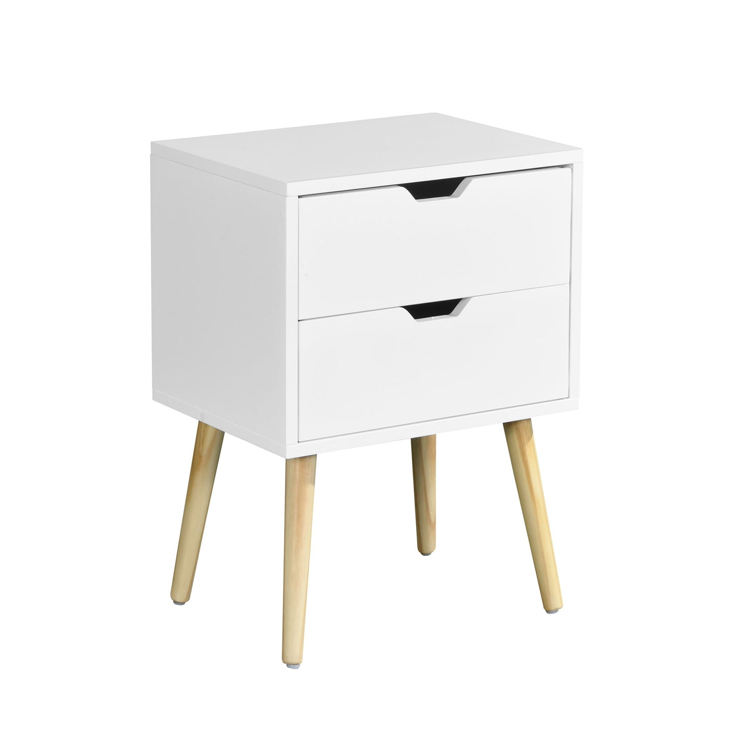 Mid Century Modern Side Table With 2 Drawers And Rubber Wood Legs - White