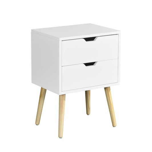 Mid Century Modern Side Table With 2 Drawers And Rubber Wood Legs - White