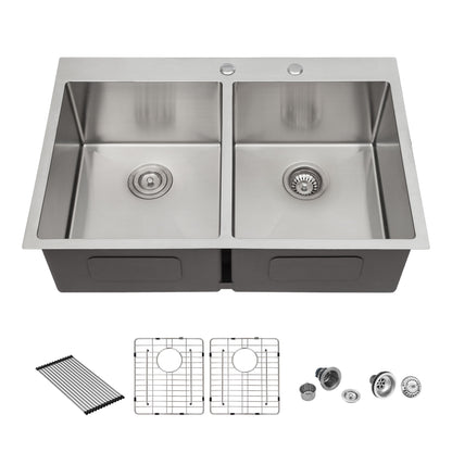 Modern Farmhouse Double Bowl Drop In Sink With 50 / 50 Split Design Stainless Steel - Brushed Nickel