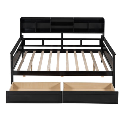 Daybed, Wood Slat Support, With Bedside Shelves And Two Drawers