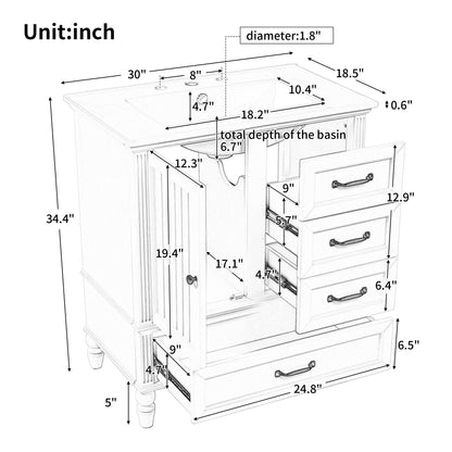 30" Bathroom Vanity With Sink, Bathroom Cabinet With A Door, 3 Drawers Legs, Adiustable Foot Pads - Gray