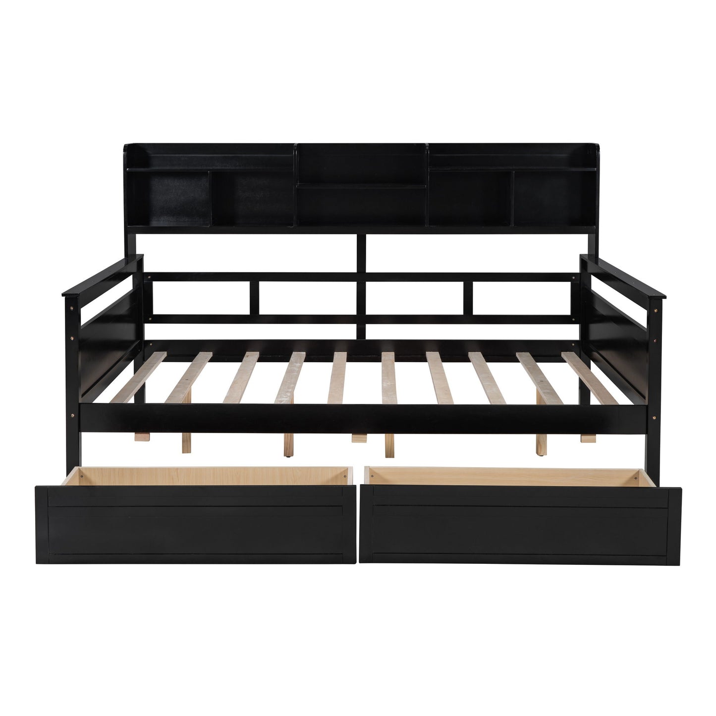 Daybed, Wood Slat Support, With Bedside Shelves And Two Drawers