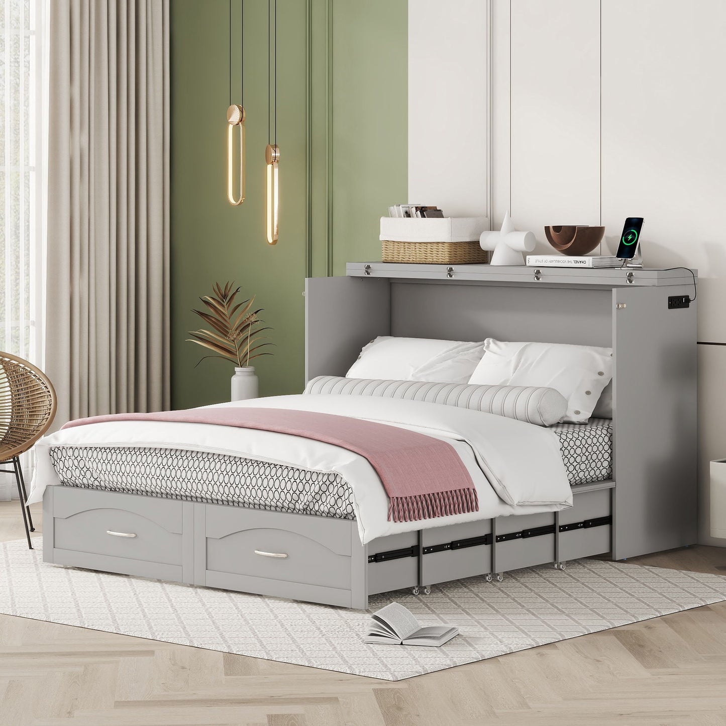 Murphy Wall Bed With Drawer And A Set Of Sockets & USB Ports, Pulley Structure Design
