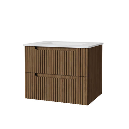 24" Wall Mount Bathroom Vanity Cabinet With - White Basin Sink Combo Floating - Walnut