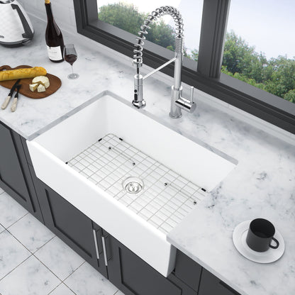 Ceramic Farmhouse Sink With Deep Basin And Stainless Steel Grid